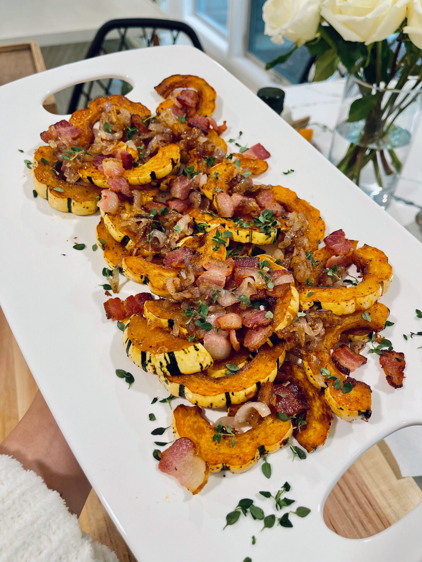 Sweet and Smokey Delicatta Squash with Bacon and Caramelized Shallots