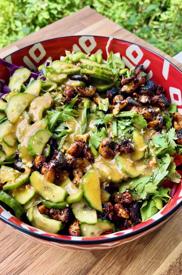 Asian Crunch Salad with Spicy Pickled Cucumbers and Tamari Roasted Cashews