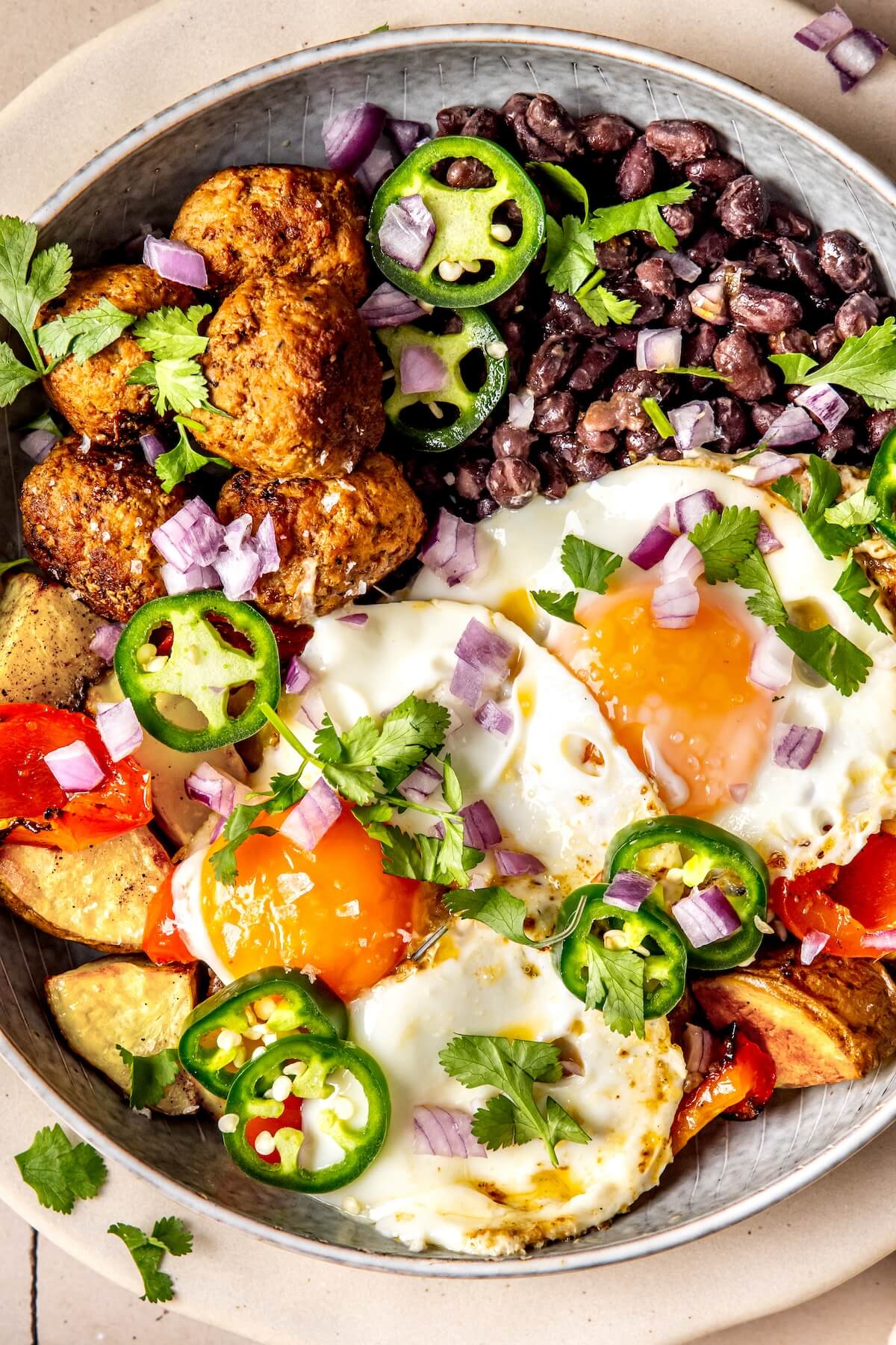 Breakfast Burrito Bowls with Chorizo, Eggs, and Veggies GF DF - Olivia Adriance