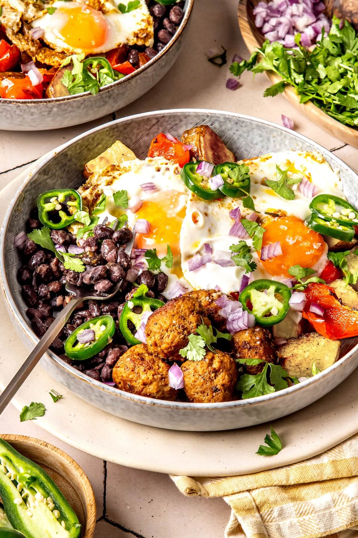 Breakfast Burrito Bowls with Chorizo, Eggs, and Veggies GF DF - Olivia Adriance