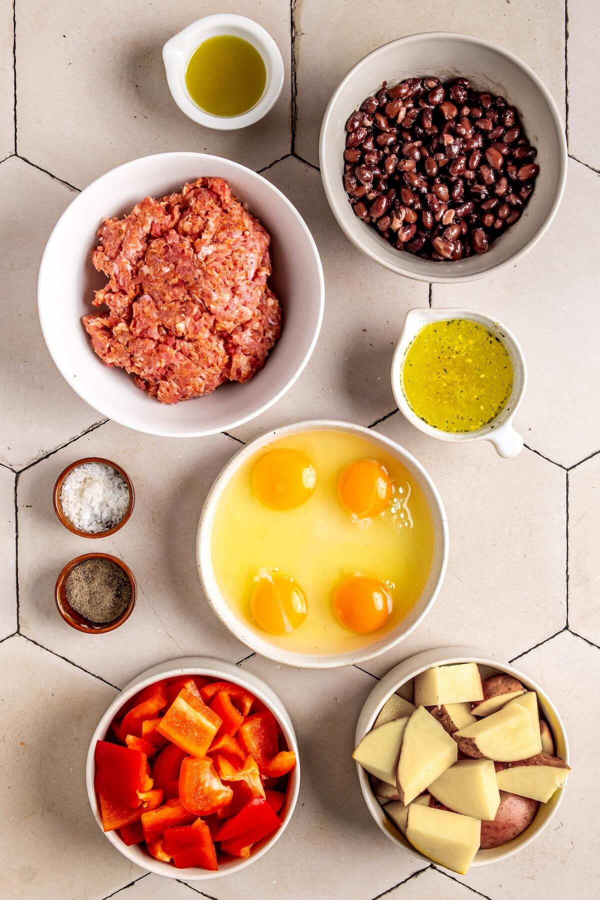 Ingredients for Breakfast Burrito Bowls with Chorizo, Eggs, and Veggies GF DF - Olivia Adriance