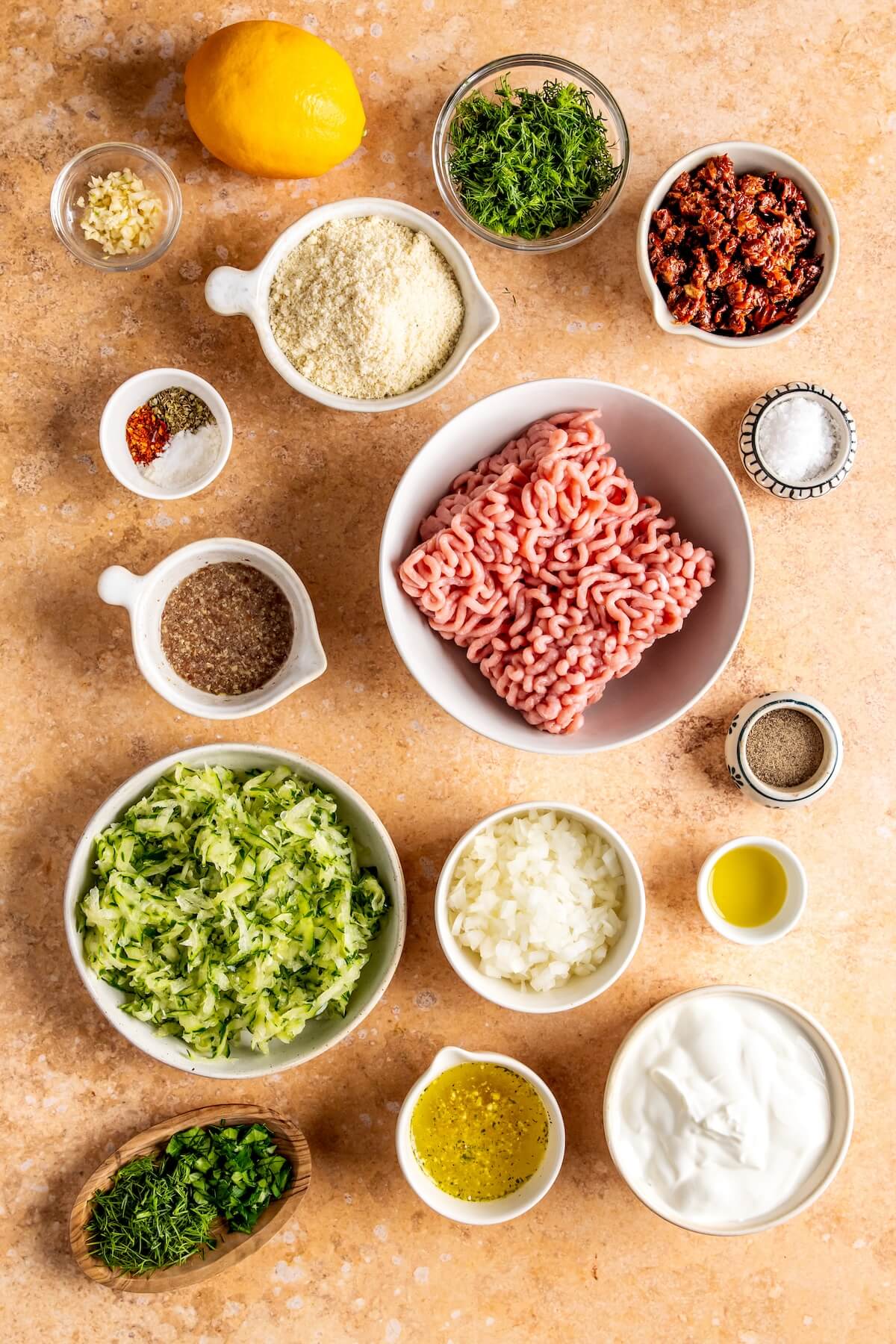 Ingredients for Sun Dried Tomato Meatballs with DF Tzatziki - Olivia Adriance