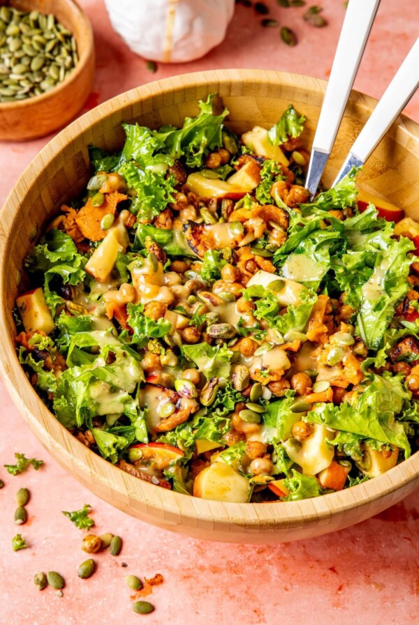 Roasted Sweet Potato Kale Salad with Crispy Chickpeas - Olivia Adriance