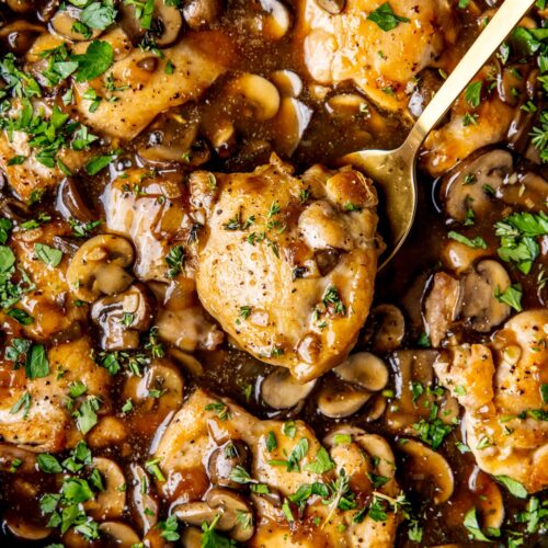 SKILLET CHICKEN THIGHS WITH MUSHROOM GRAVY