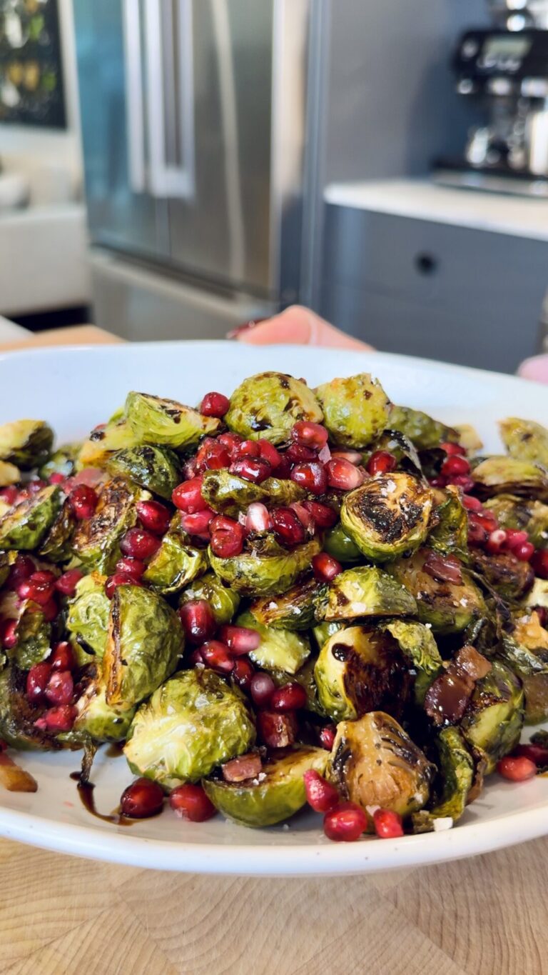 MAPLE ROASTED BRUSSELS SPROUTS WITH BACON AND POMEGRANATES
