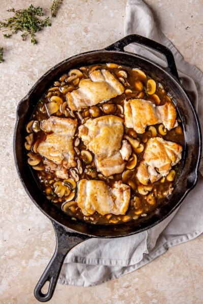 SKILLET CHICKEN THIGHS WITH MUSHROOM GRAVY