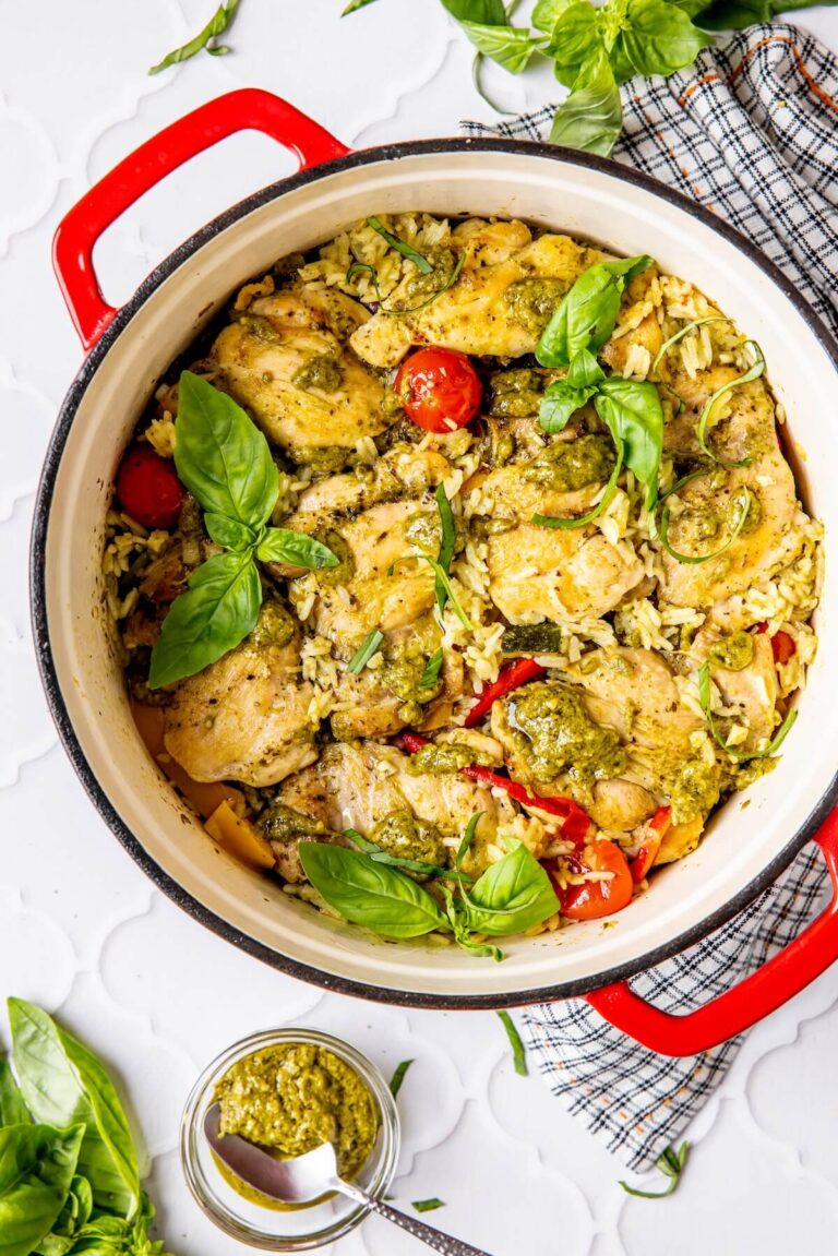 ONE POT LOADED VEGGIE PESTO CHICKEN AND RICE