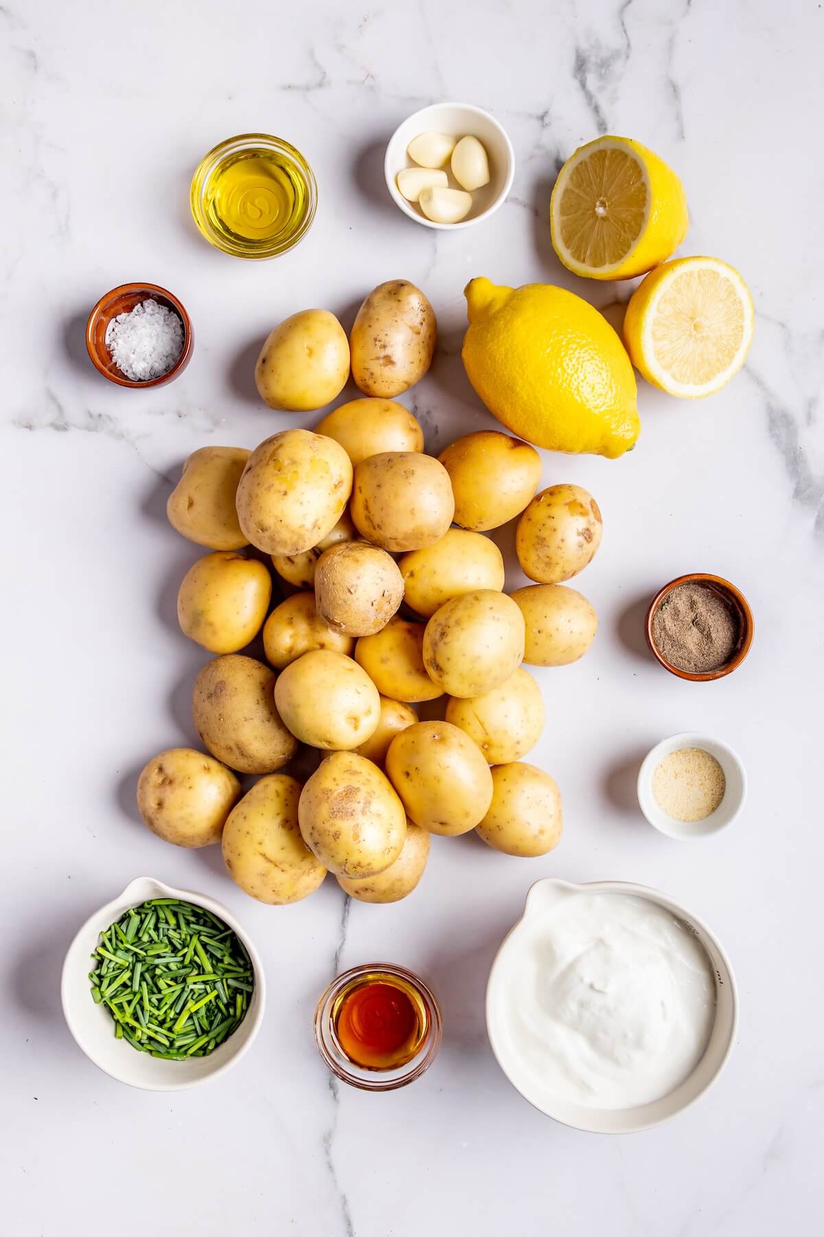 Crispy Smashed Potatoes with Lemony Chive Sauce Ingredients - Olivia Adriance