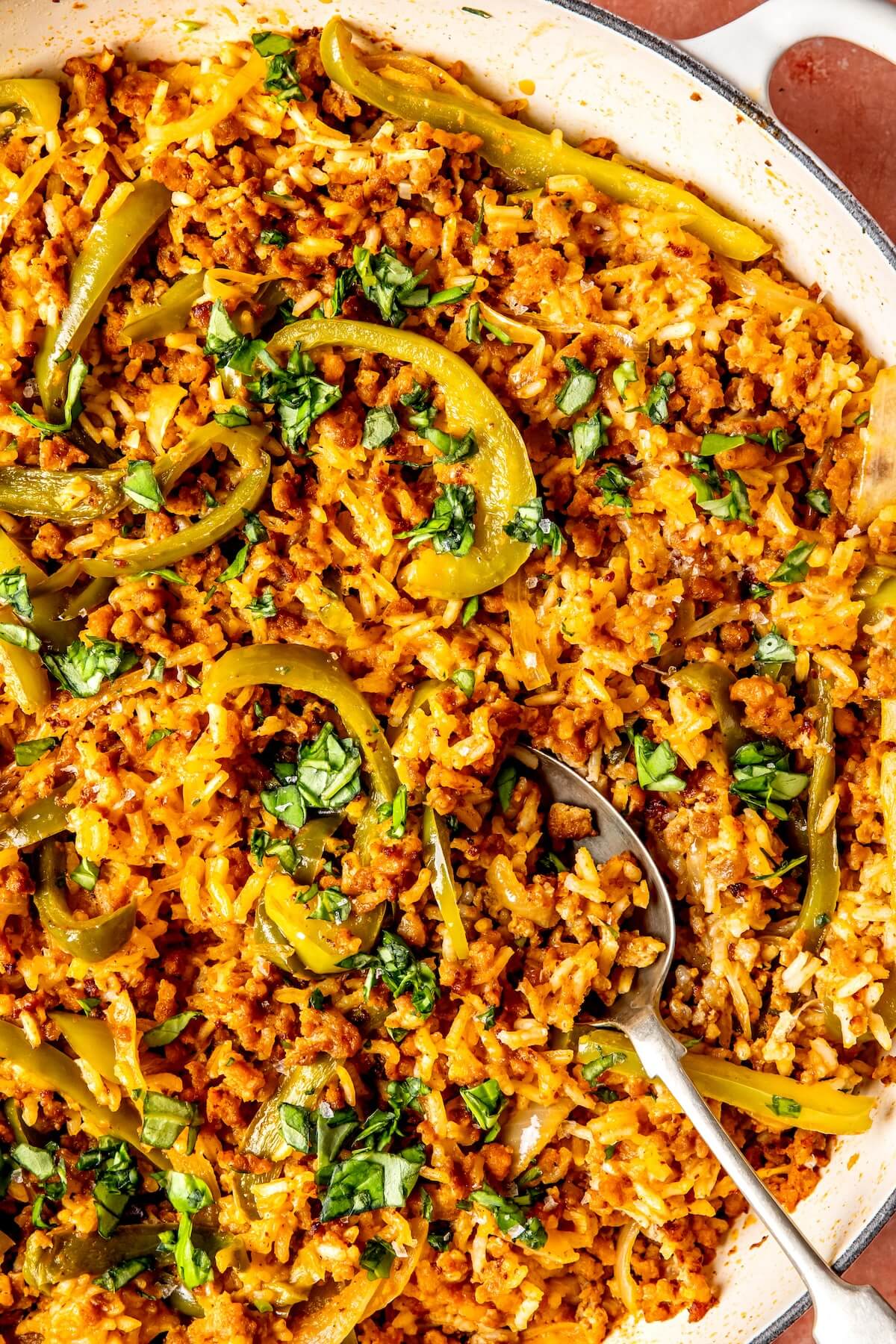 One Pot Sausage Peppers and Rice - Olivia Adriance