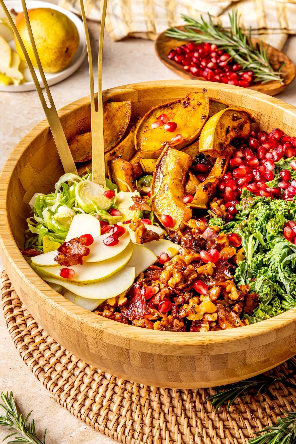 Candied Bacon Walnut Shaved Brussels Sprout Salad with Roasted Shallot Vinaigrette - Olivia Adriance