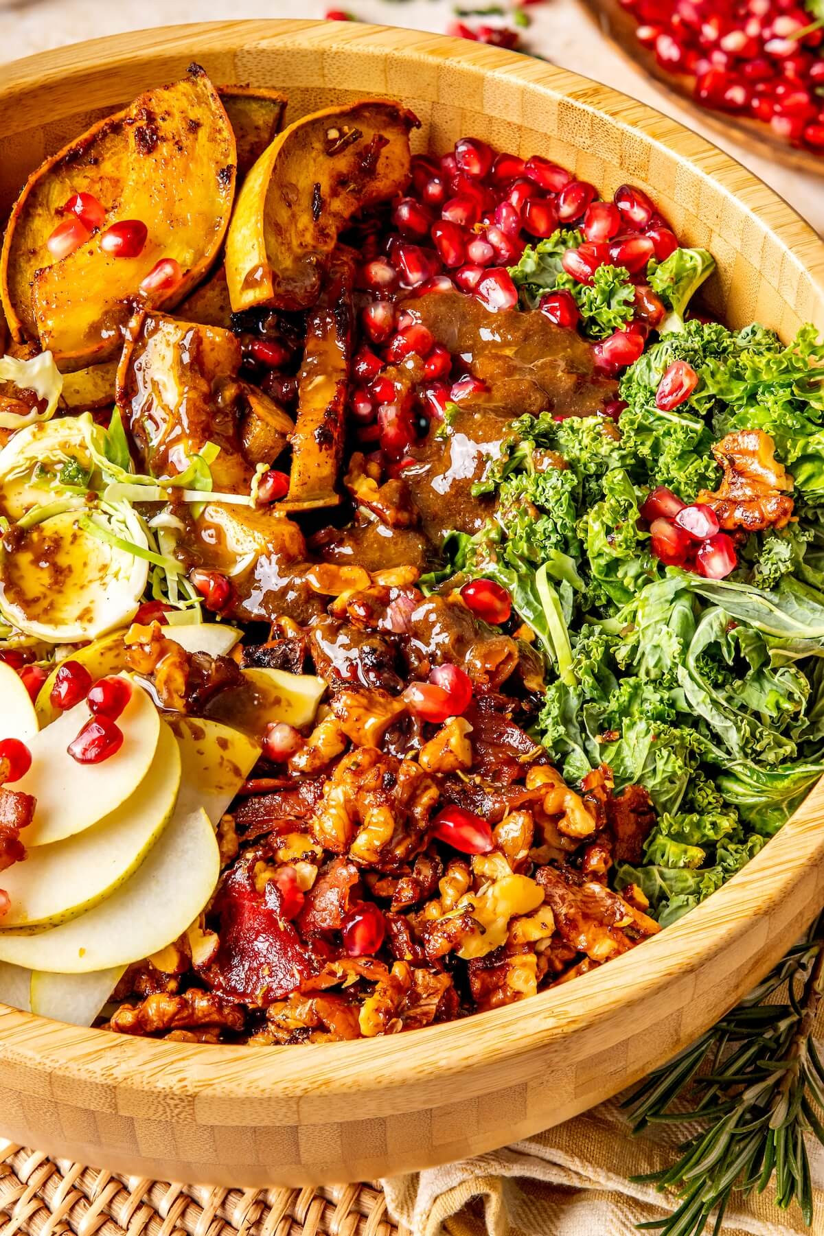 Candied Bacon Walnut Shaved Brussels Sprout Salad with Roasted Shallot Vinaigrette - Olivia Adriance