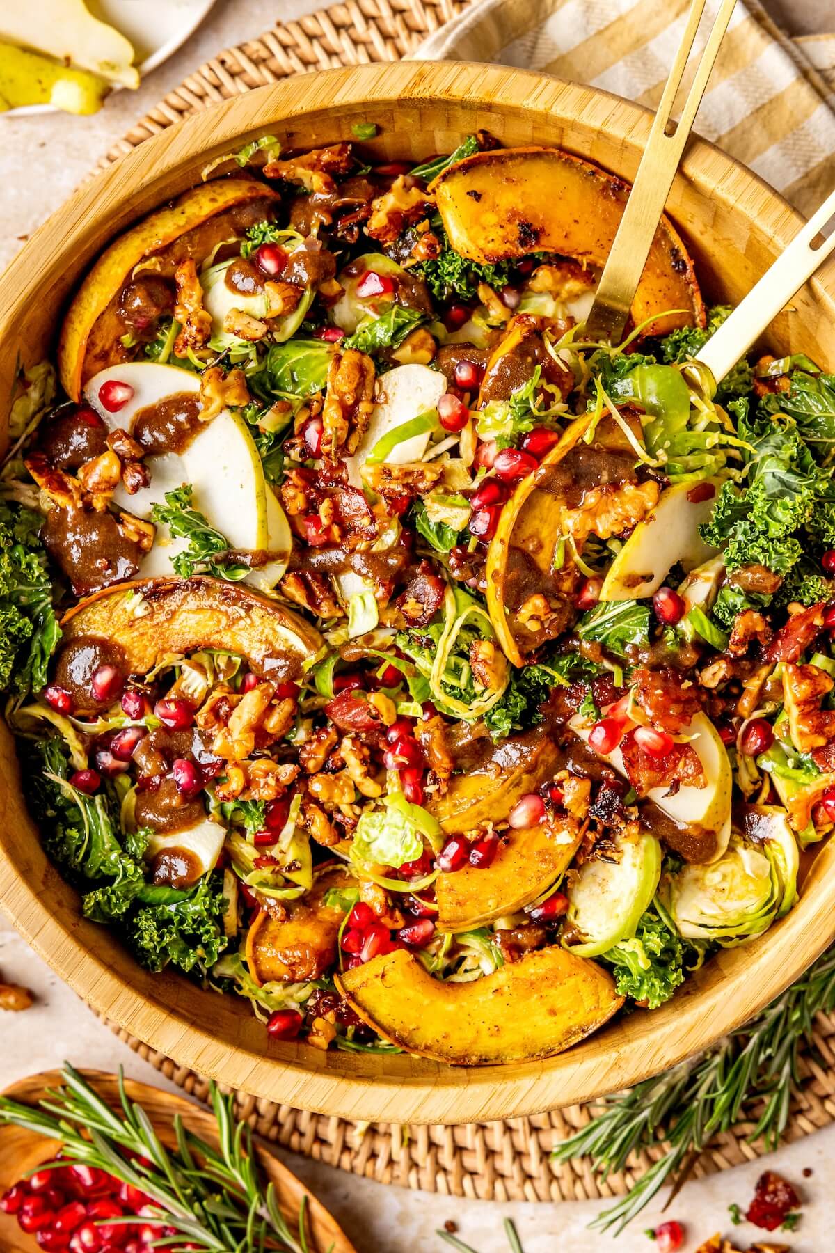 Candied Bacon Walnut Shaved Brussels Sprout Salad with Roasted Shallot Vinaigrette - Olivia Adriance