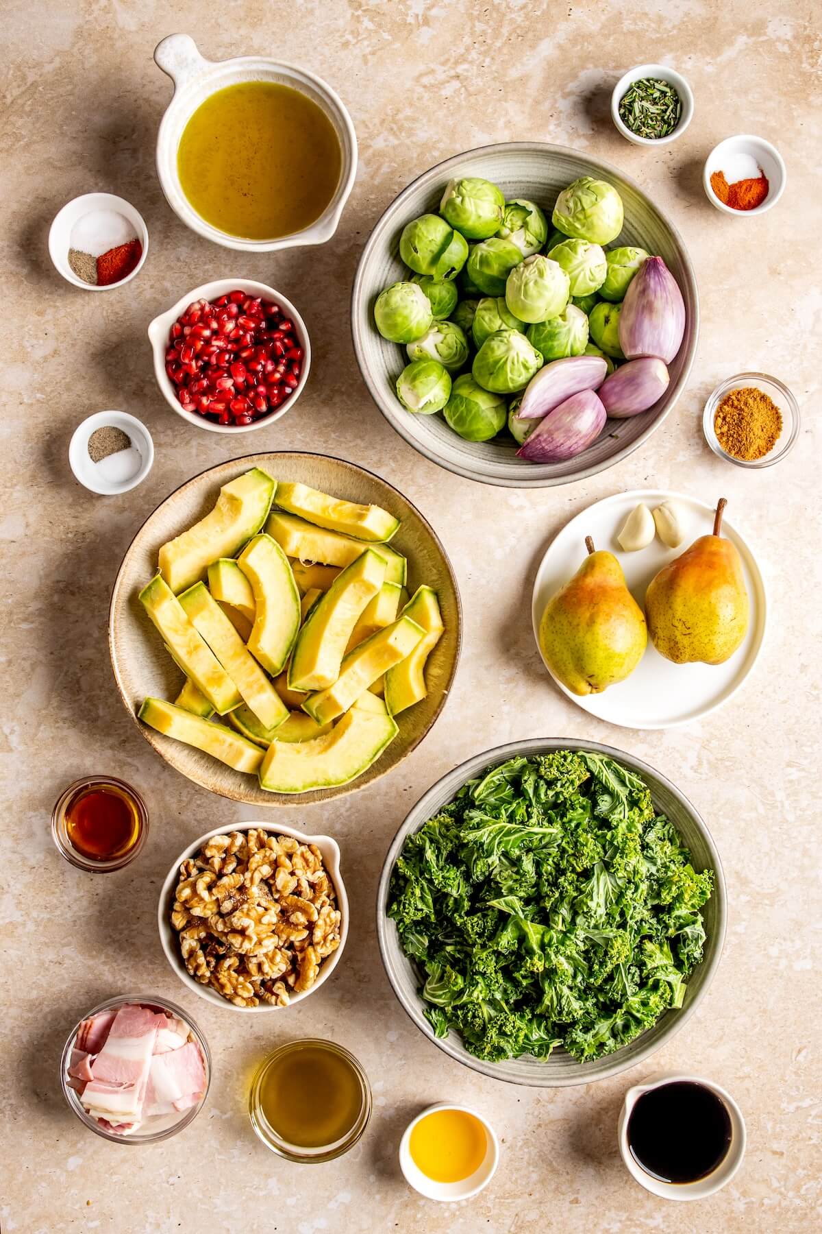Ingredients for Candied Bacon Walnut Shaved Brussels Sprout Salad with Roasted Shallot Vinaigrette - Olivia Adriance