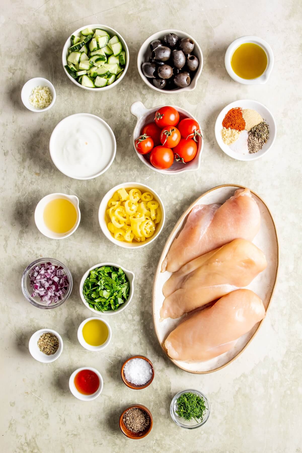 Ingredients for aHigh Protein Greek Chicken Salad - Olivia Adriance