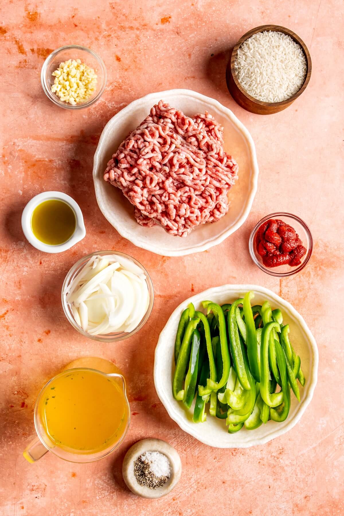 Ingredients for One Pot Sausage Peppers and Rice - Olivia Adriance