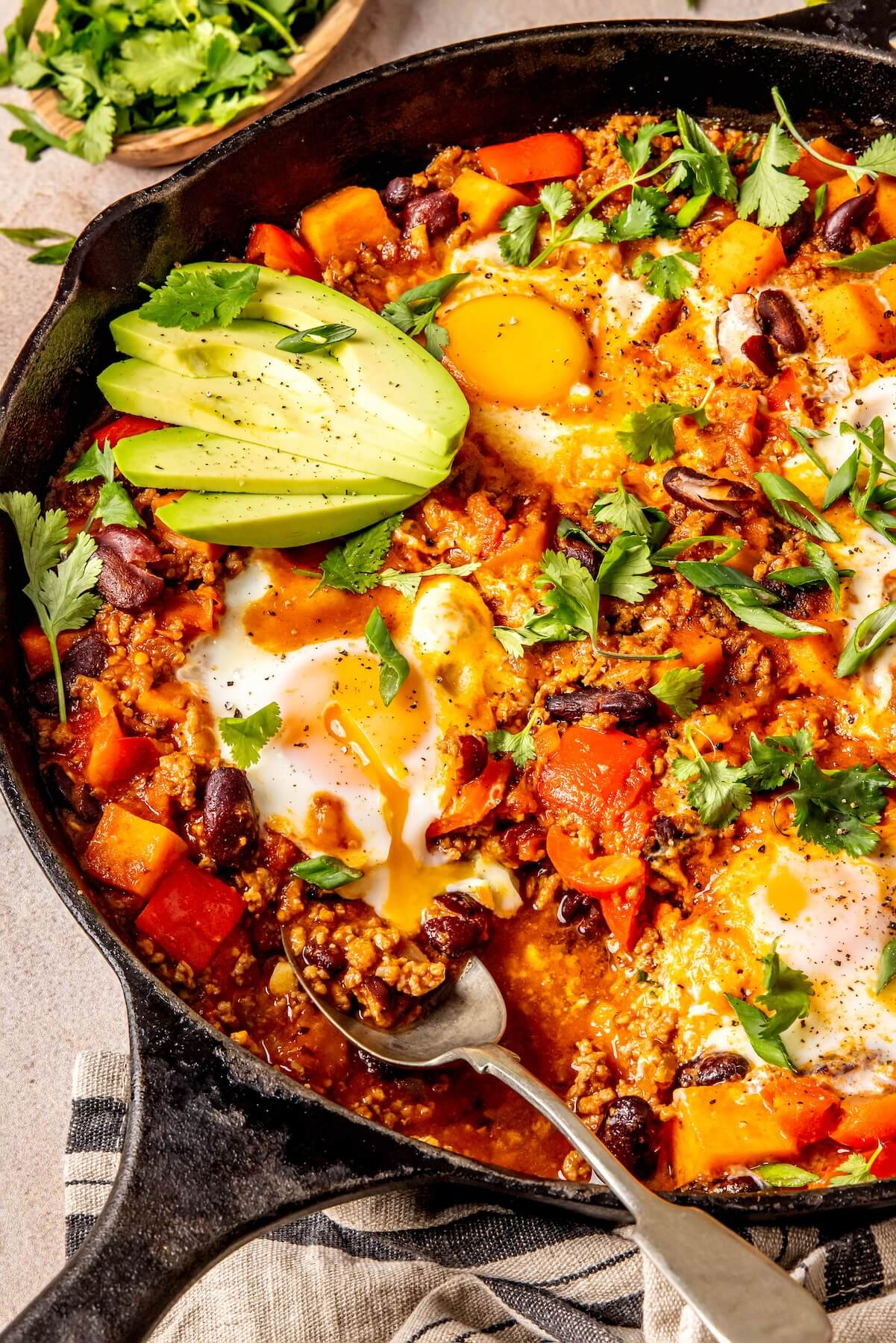 Breakfast Chili Sweet Potato Hash - Olivia Adriance