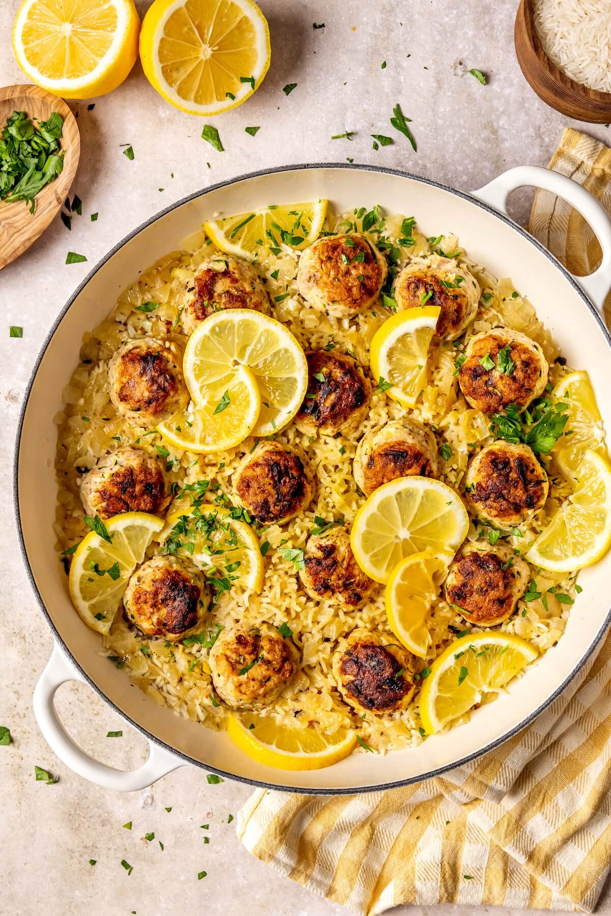 One Pot Lemon Chicken Zucchini Meatballs and Rice - Olivia Adriance