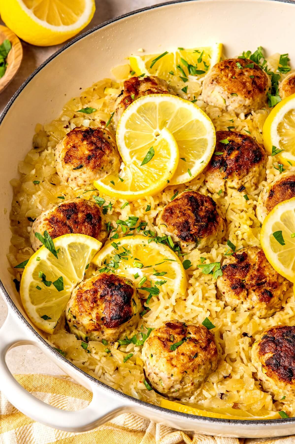 One Pot Lemon Chicken Zucchini Meatballs and Rice - Olivia Adriance
