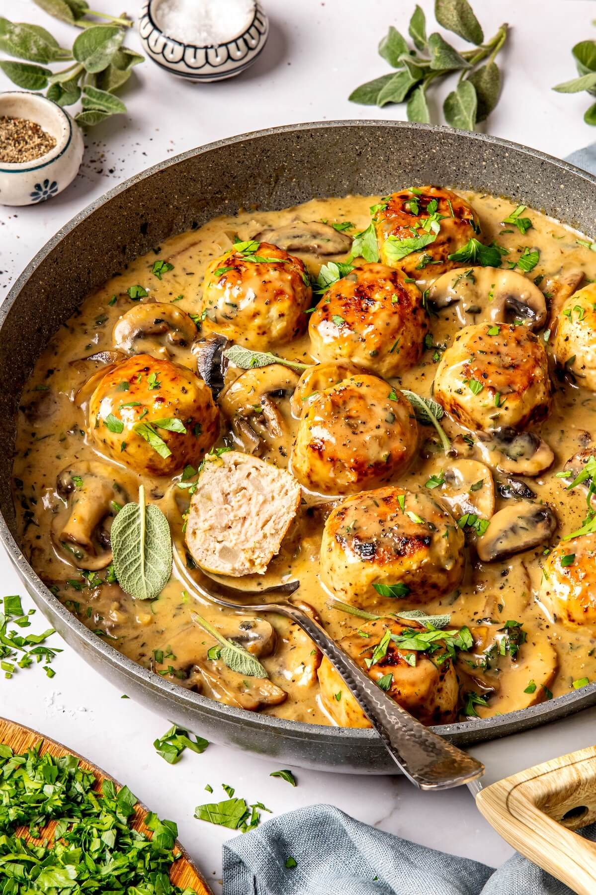 Turkey Meatballs in Creamy Mushroom Sage Sauce - Olivia Adriance