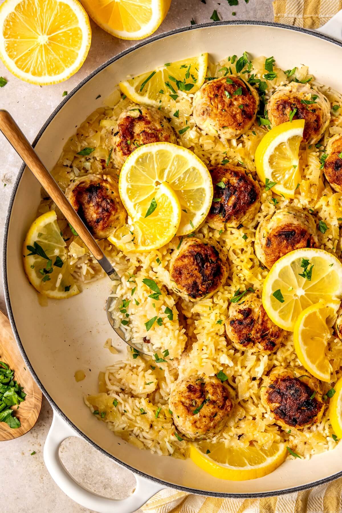 One Pot Lemon Chicken Zucchini Meatballs and Rice - Olivia Adriance