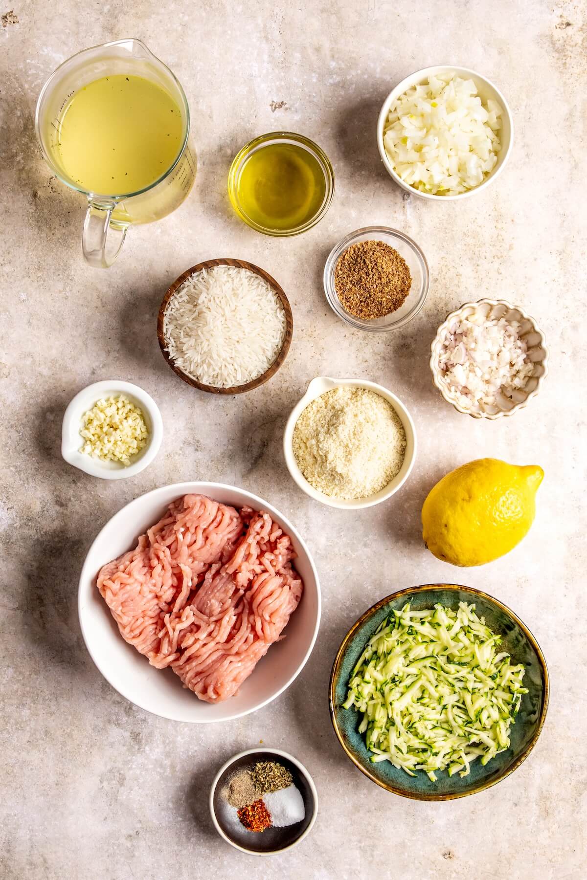 Ingredients for One Pot Lemon Chicken Zucchini Meatballs and Rice - Olivia Adriance