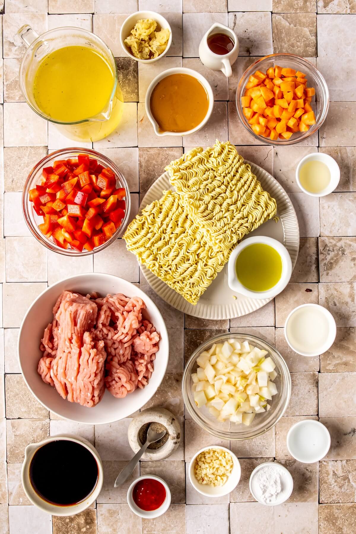 Ingredients for One Pot Peanut Chicken Ramen - Olivia Adriance