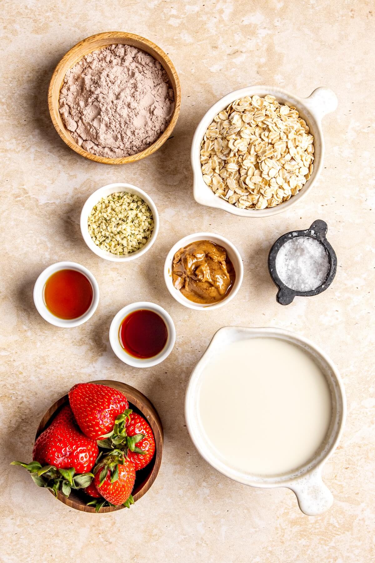 Ingredients for Protein Chocolate Strawberry Overnight Oats - Olivia Adriance