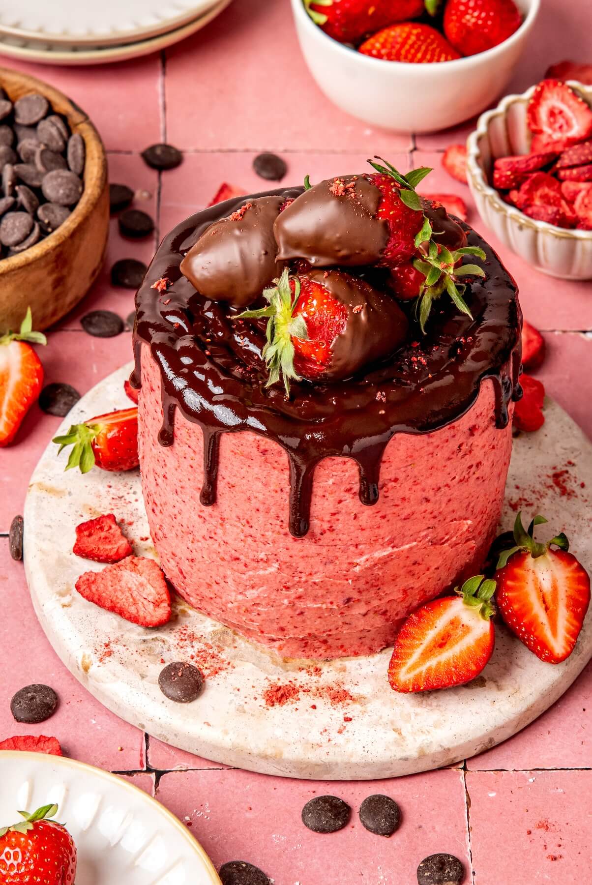 CHOCOLATE CAKE WITH STRAWBERRY FROSTING & CHOCOLATE STRAWBERRIES
