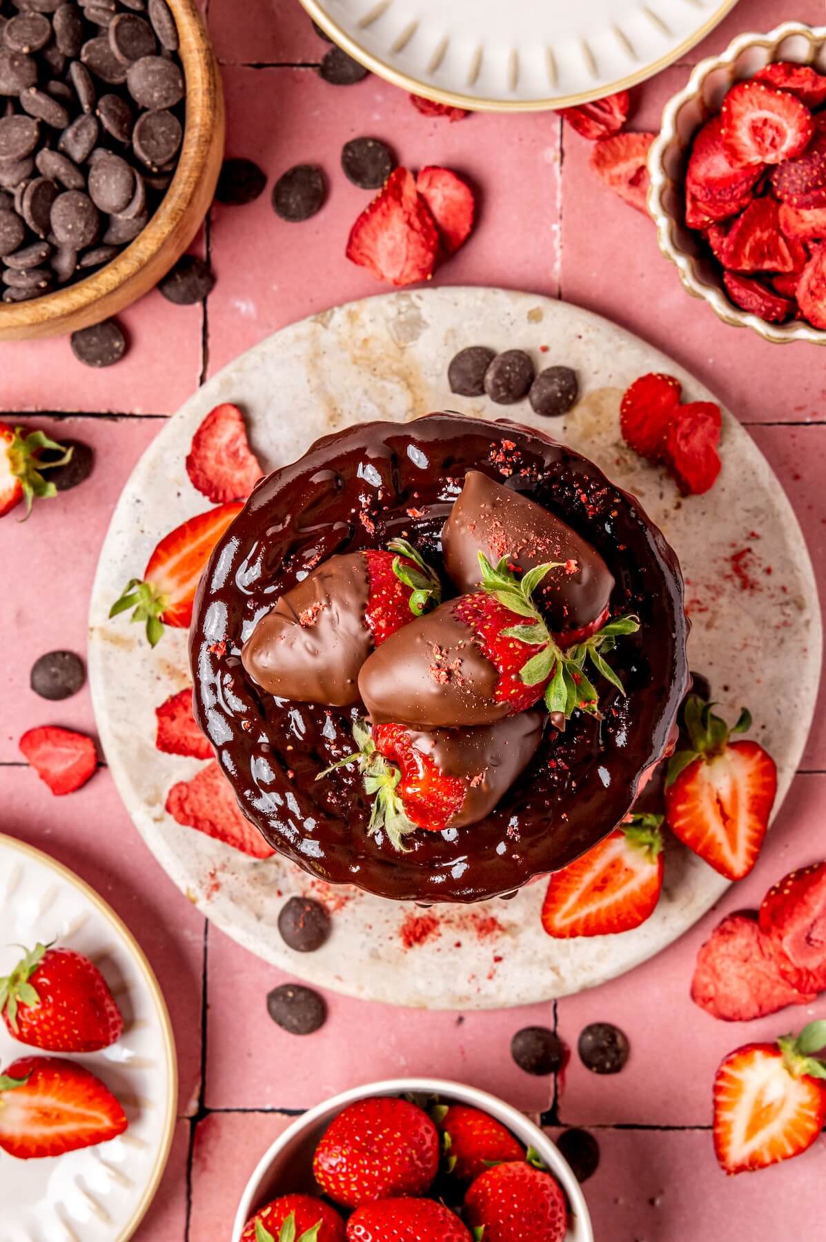 Chocolate Cake with Strawberry Frosting and Chocolate Covered Strawberries - Olivia Adriance