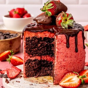 Chocolate Cake with Strawberry Frosting and Chocolate Covered Strawberries - Olivia Adriance