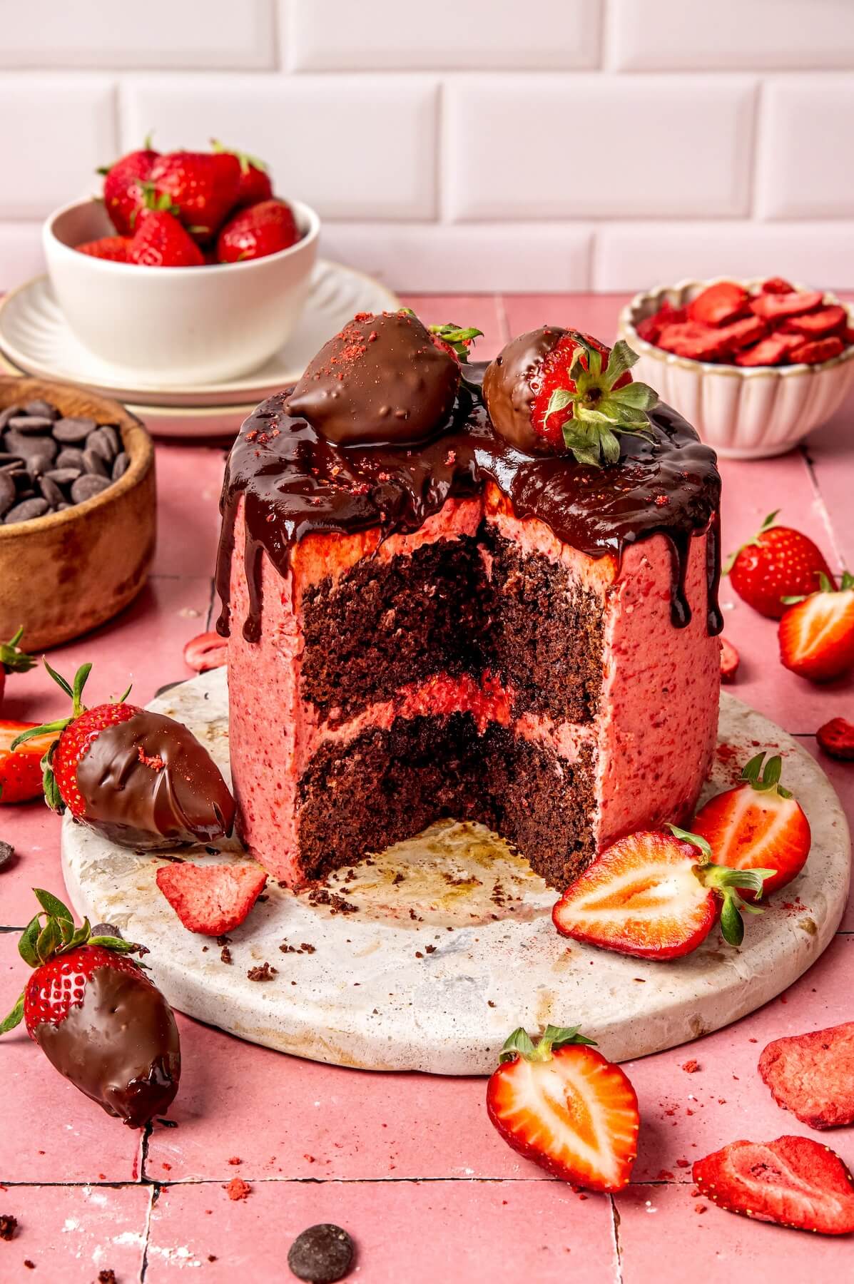Chocolate Cake with Strawberry Frosting and Chocolate Covered Strawberries - Olivia Adriance