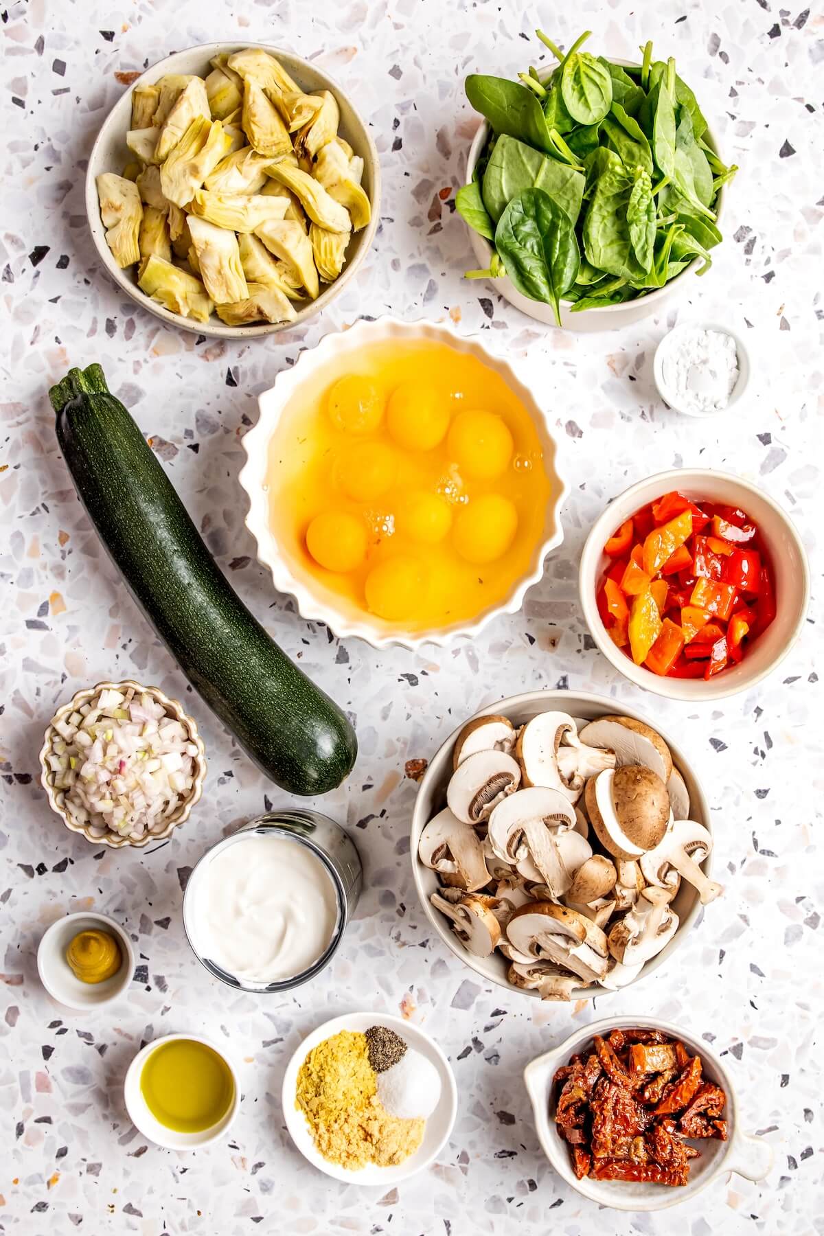 Ingredients for Spinach Mushroom and Artichoke Frittata - Olivia Adriance