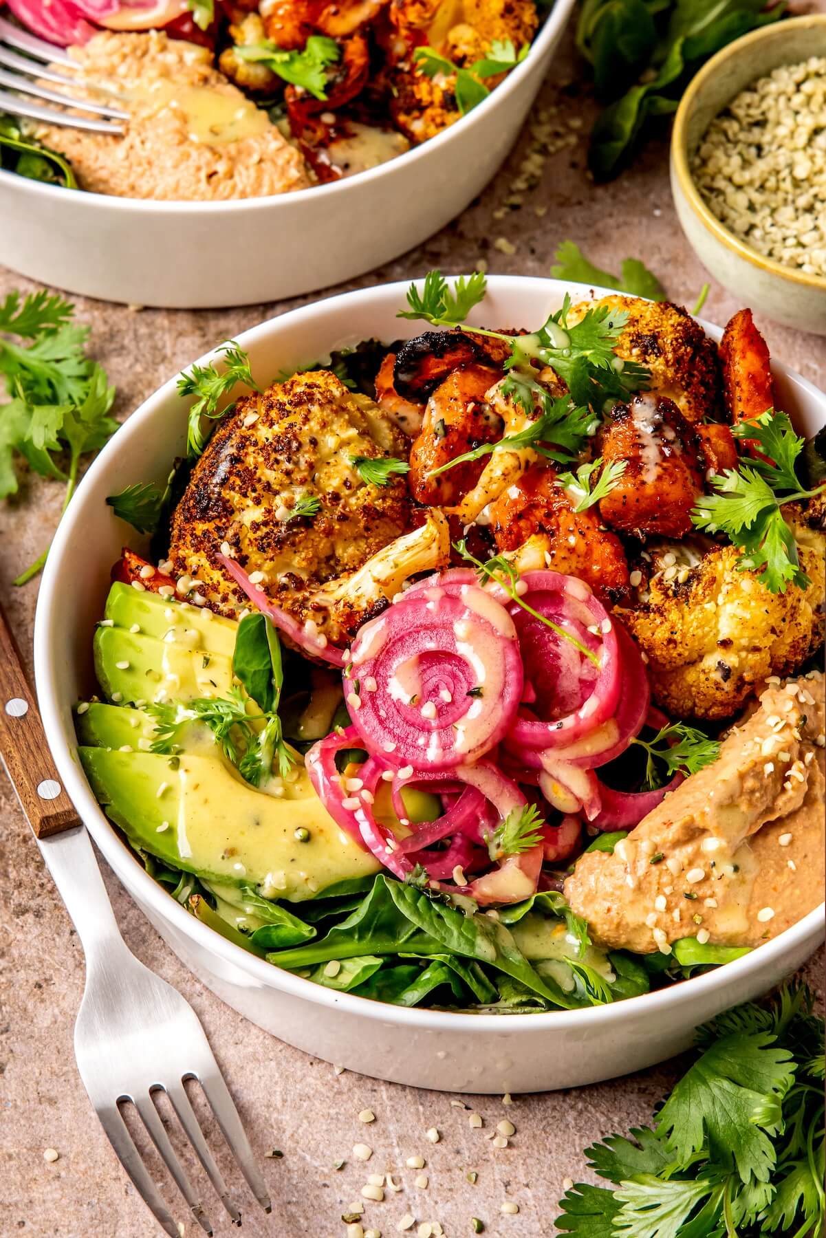 Roasted Veggie Hummus Bowl with Roasted Garlic Sauce - Olivia Adriance