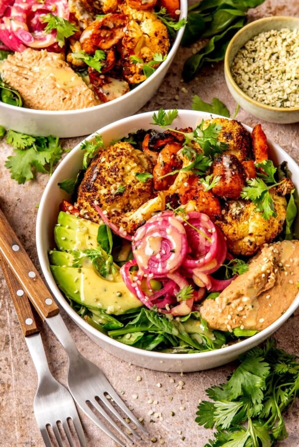 Roasted Veggie Hummus Bowl with Roasted Garlic Sauce - Olivia Adriance