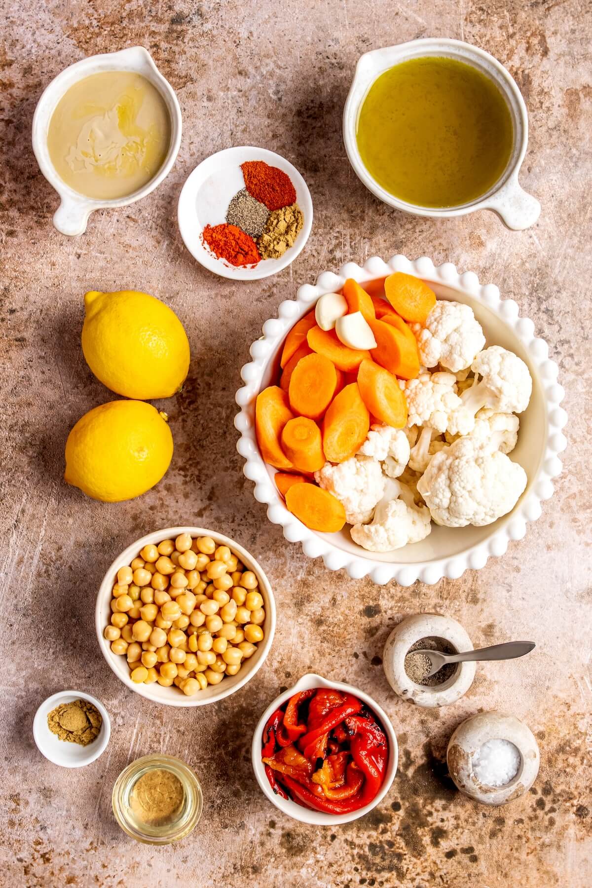Ingredients for Roasted Veggie Hummus Bowl with Roasted Garlic Sauce - Olivia Adriance