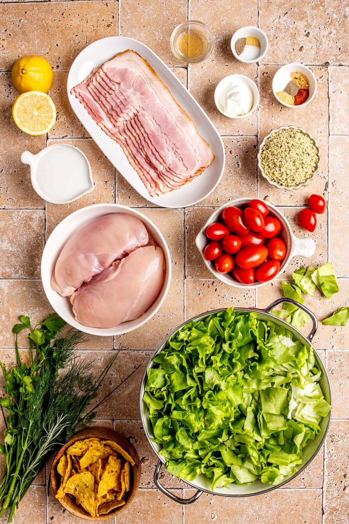 Ingredients for Chicken Bacon Green Goddess Ranch Salad - Olivia Adriance