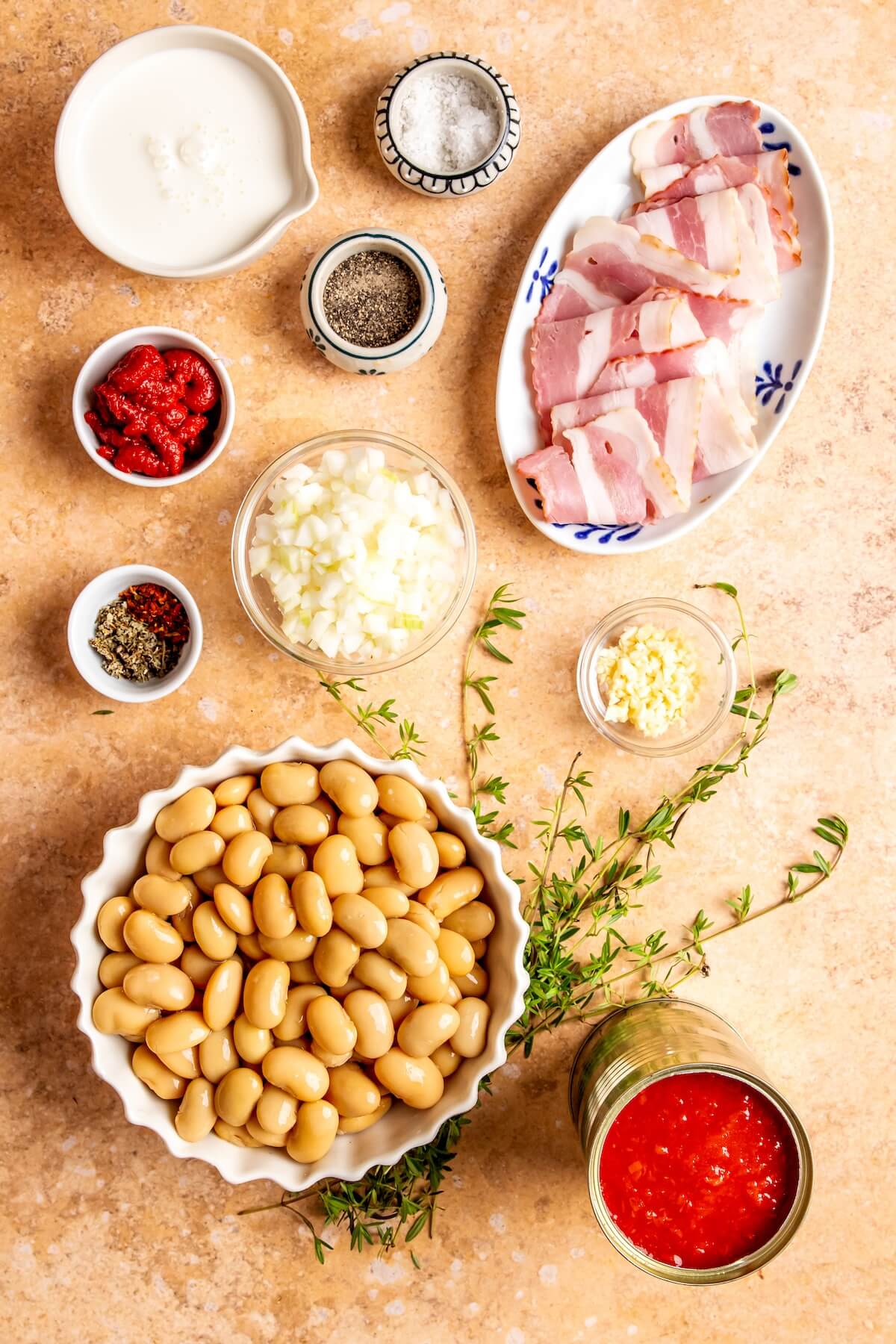Ingredients for Creamy Bacon Butter Beans - Olivia Adriance