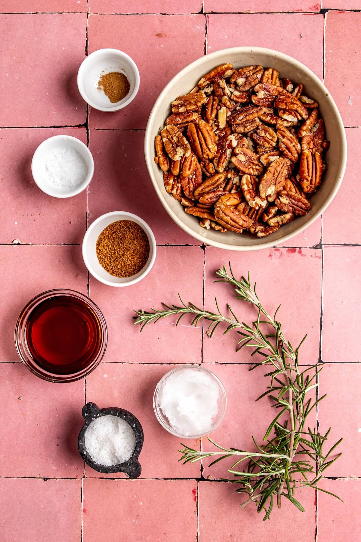 Ingredients for Maple Roasted Candied Rosemary Pecans - Olivia Adriance