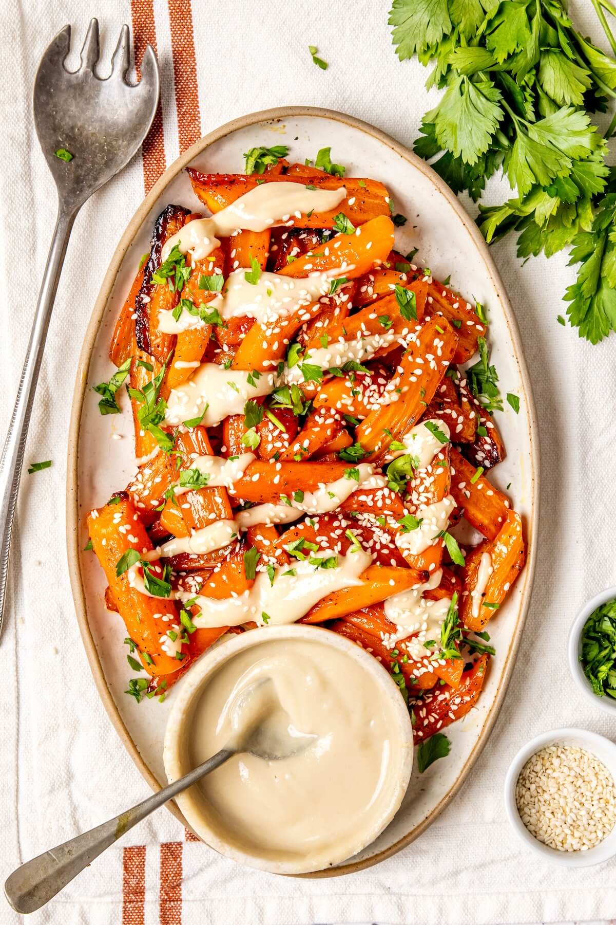 Honey Glazed Carrots with Tahini Drizzle - Olivia Adriance