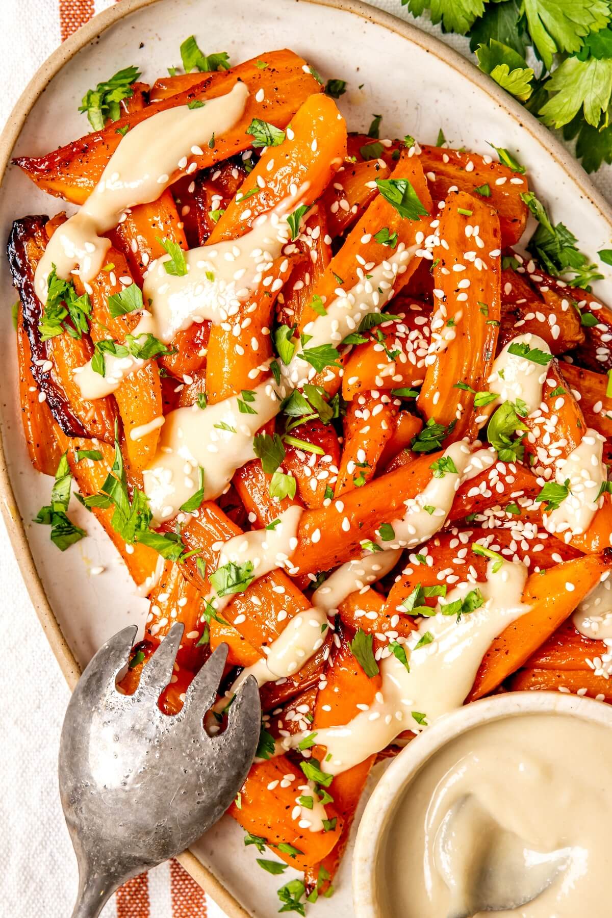 Honey Glazed Carrots with Tahini Drizzle - Olivia Adriance