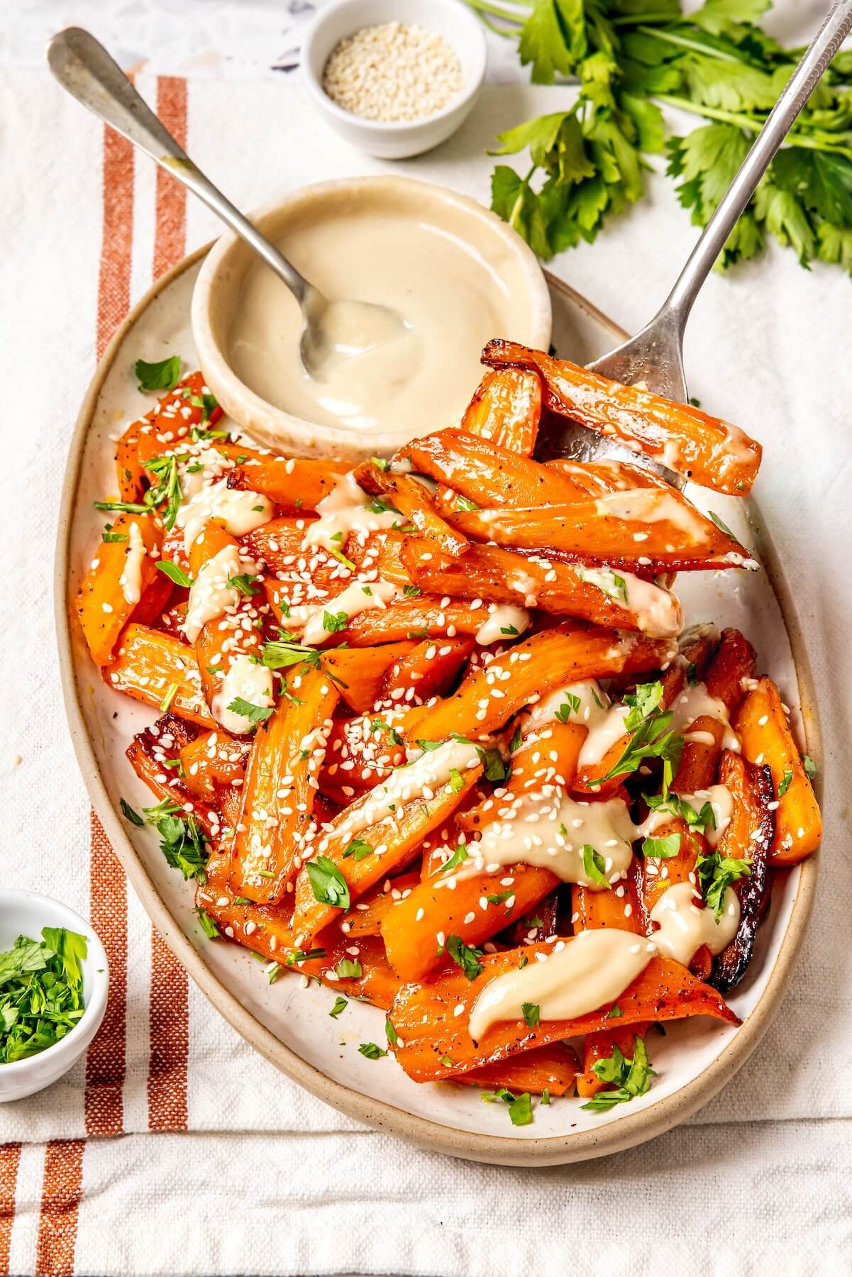 Honey Glazed Carrots with Tahini Drizzle - Olivia Adriance