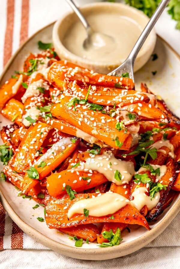 Honey Glazed Carrots with Tahini Drizzle - Olivia Adriance