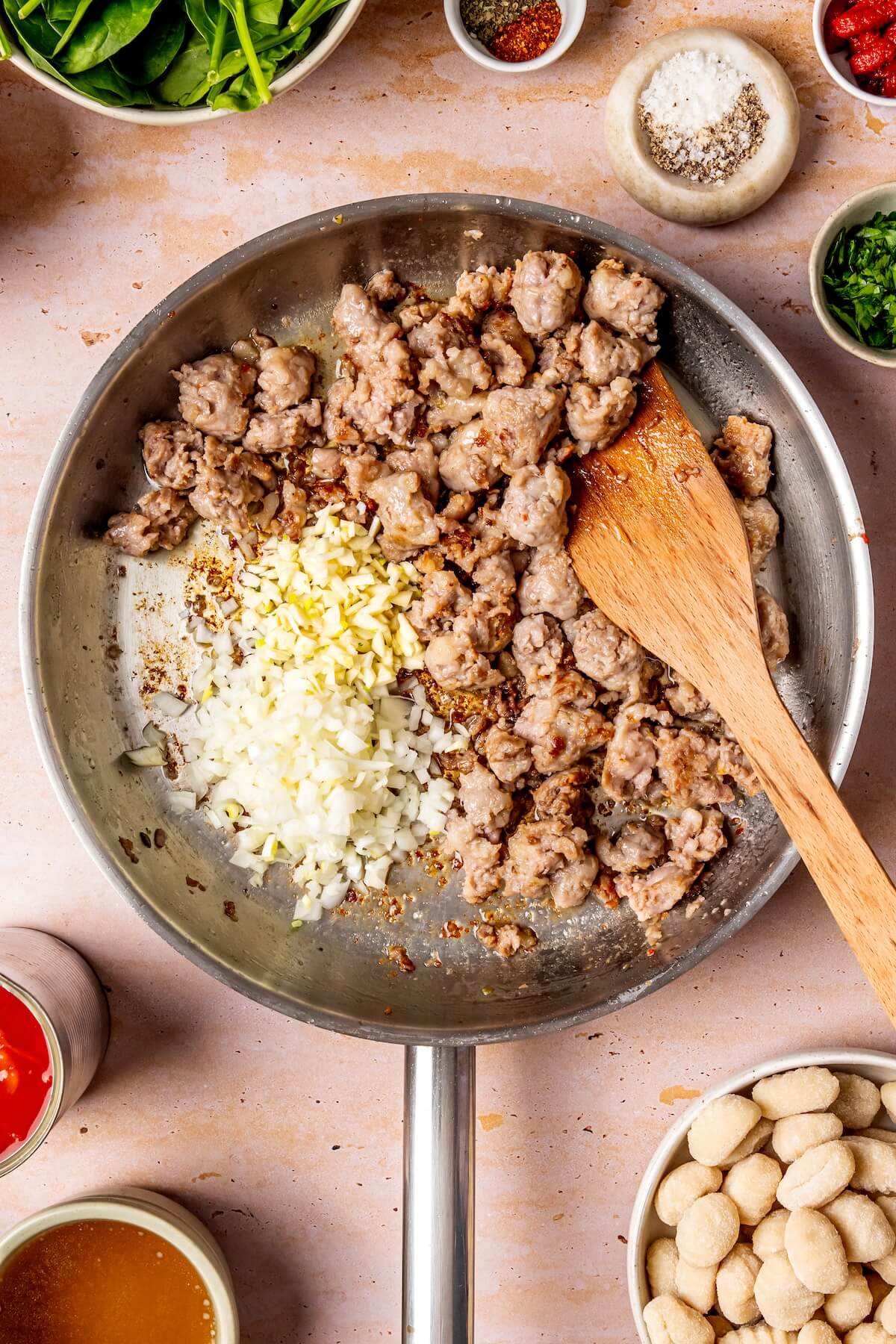 How to Make One Pot Creamy Italian Sausage Gnocchi GF DF Step 2 - Olivia Adriance