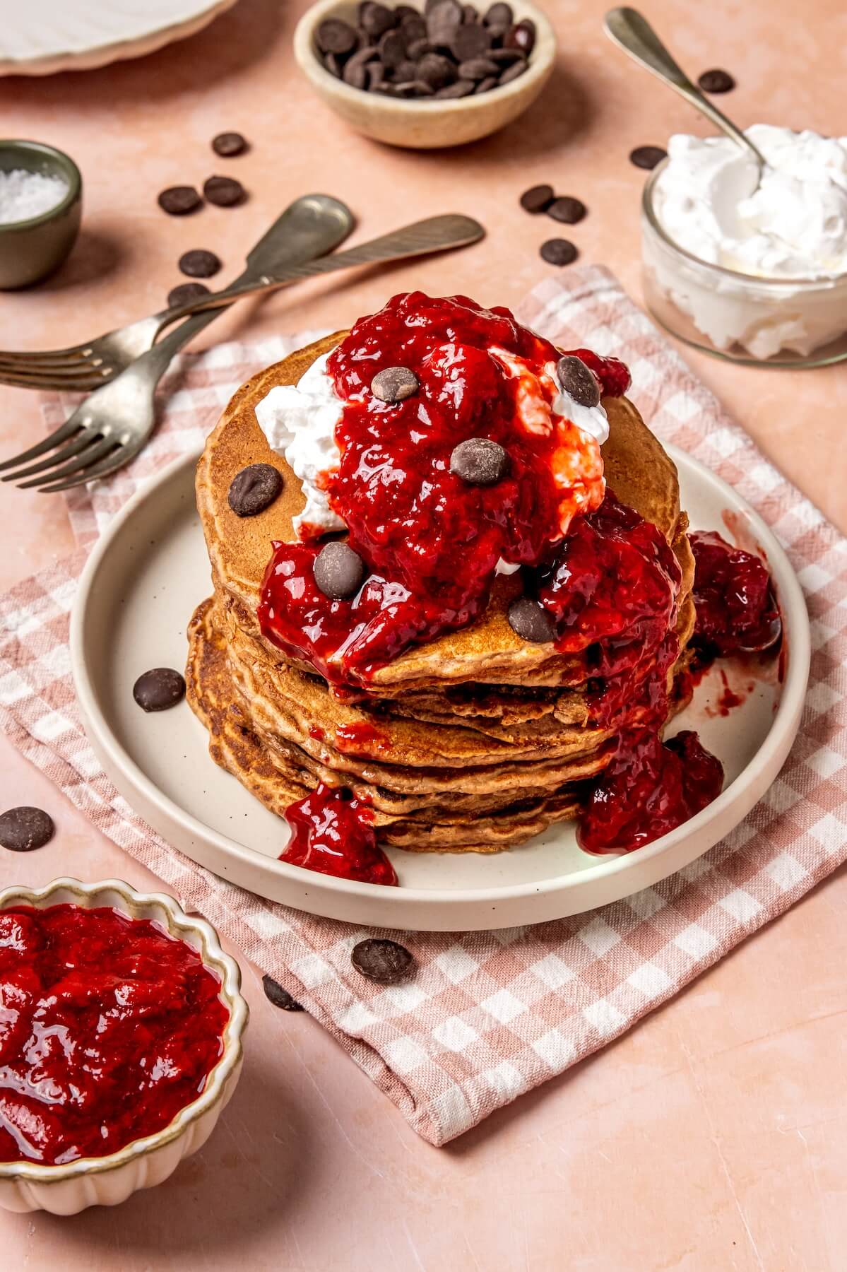 Chocolate Protein Pancakes with Strawberry Sauce - Olivia Adriance