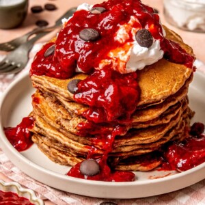 Chocolate Protein Pancakes with Strawberry Sauce - Olivia Adriance