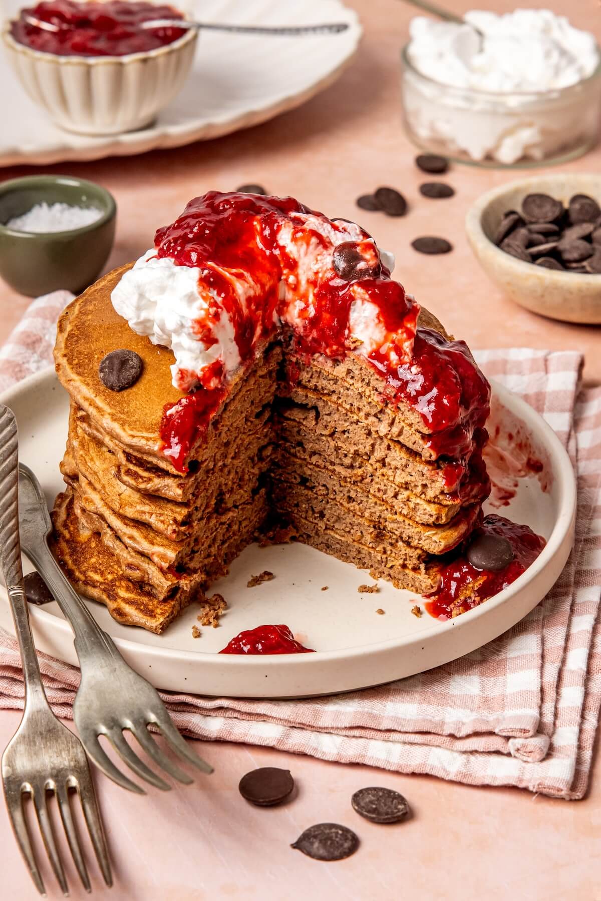 Chocolate Protein Pancakes with Strawberry Sauce - Olivia Adriance
