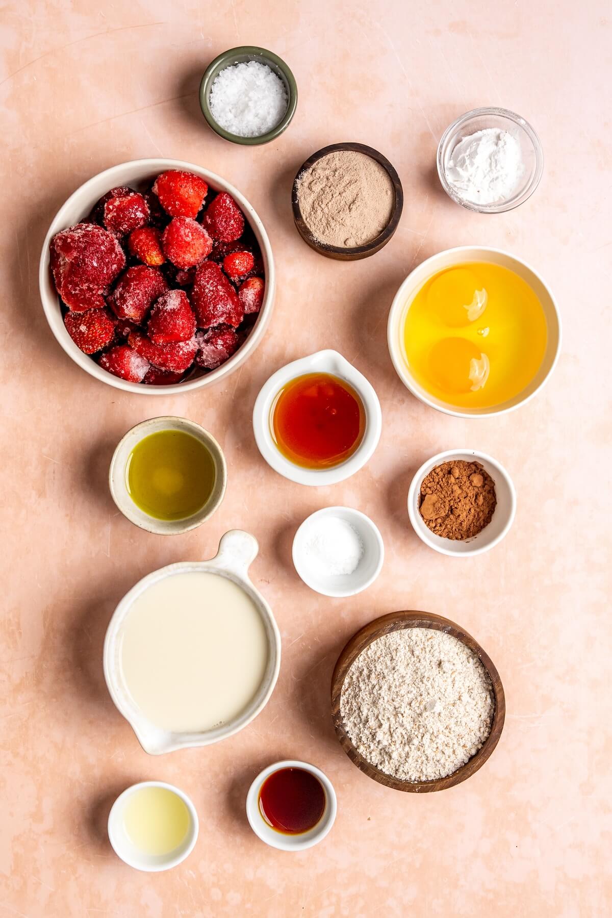 Ingredients for Chocolate Protein Pancakes with Strawberry Sauce - Olivia Adriance