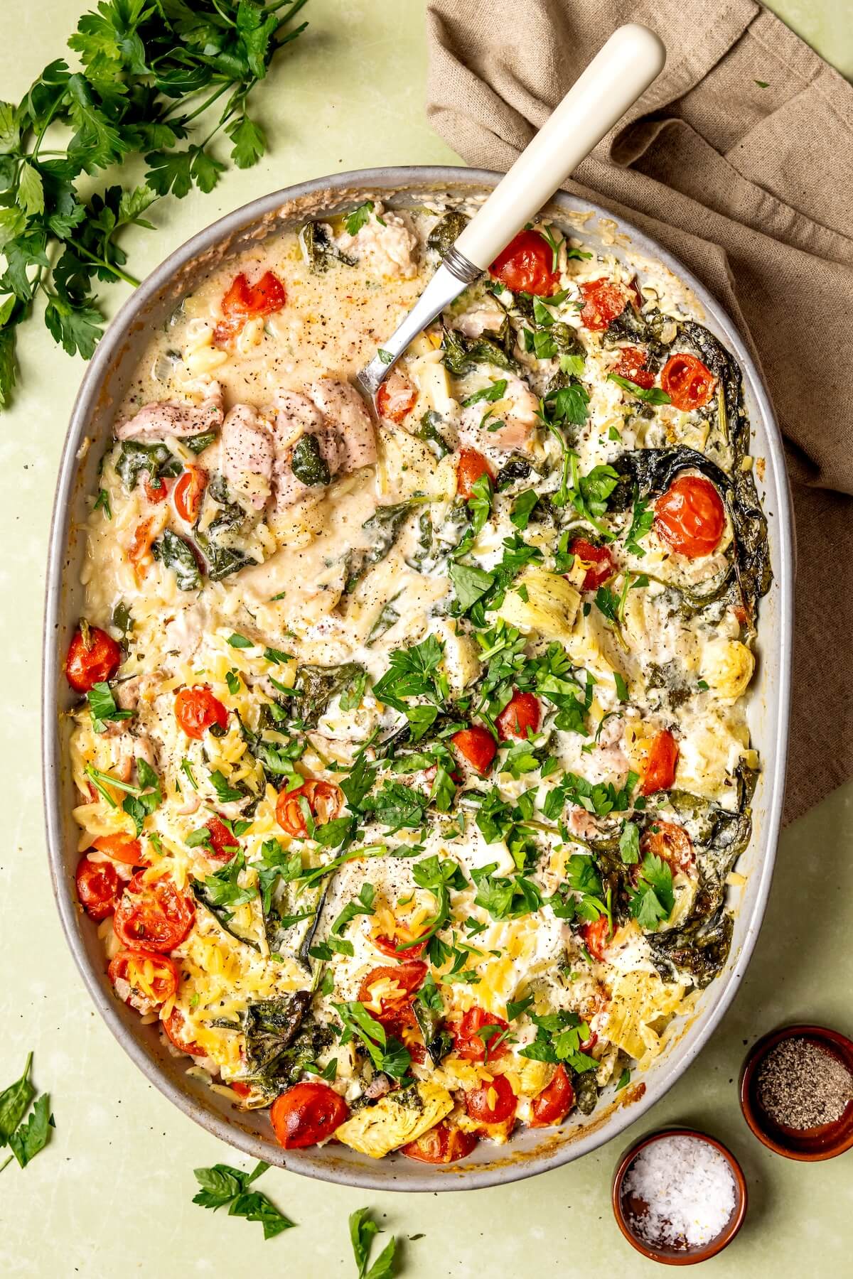 Spinach Artichoke Chicken Bake with Orzo - Olivia Adriance