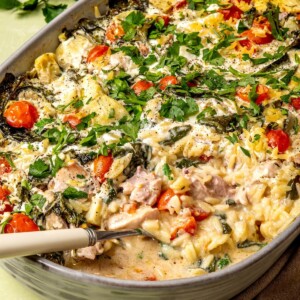 Spinach Artichoke Chicken Bake with Orzo - Olivia Adriance
