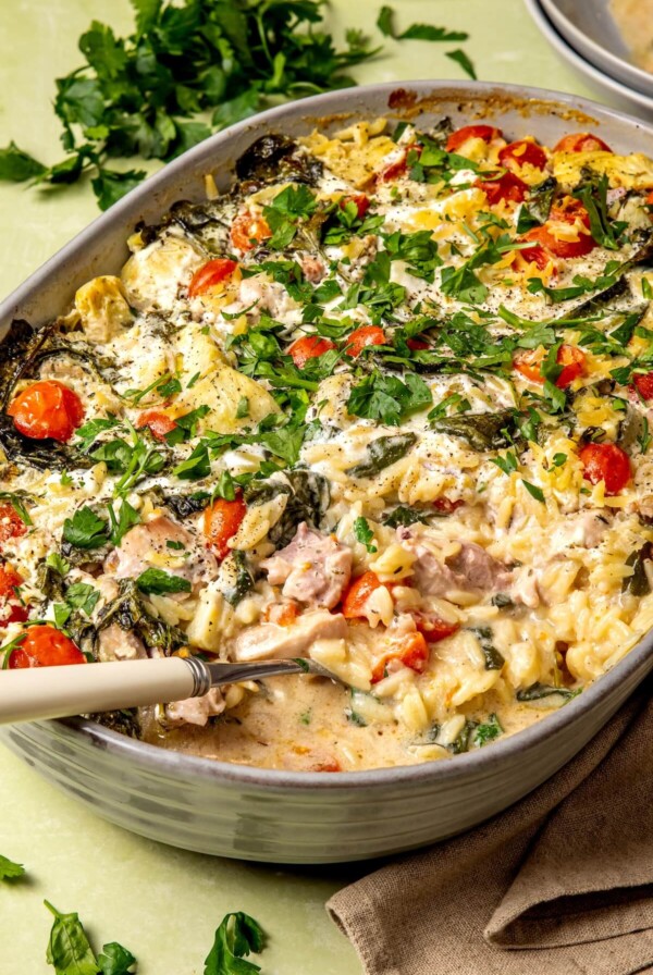 Spinach Artichoke Chicken Bake with Orzo - Olivia Adriance